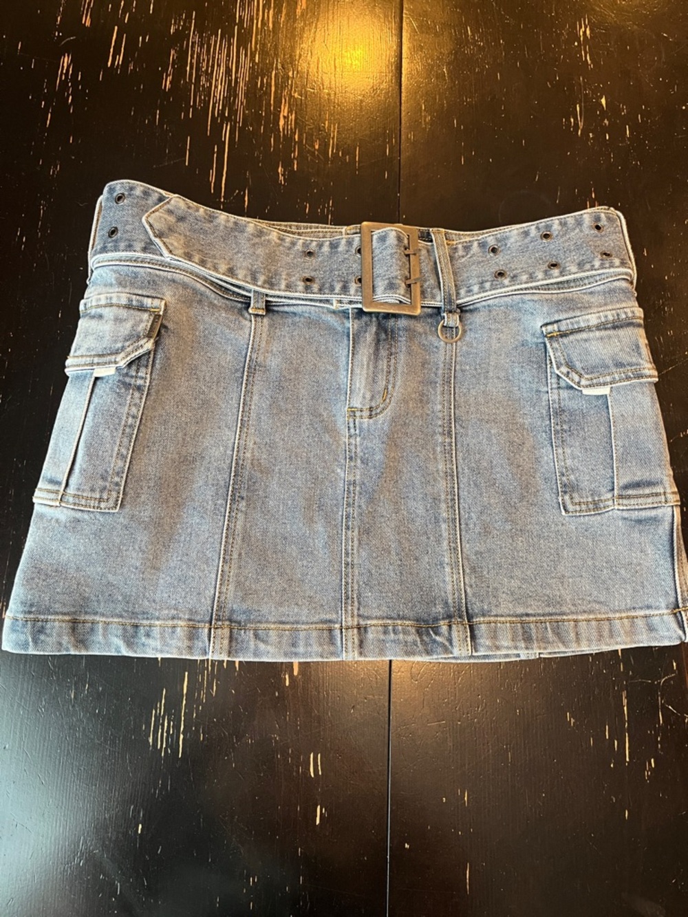 Ghanda Light Blue Denim Mini Skirt with Belt & Cargo Pockets